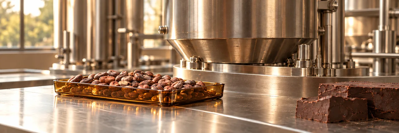 Cocoa beans in an amber tray, processing equipment and cocoa mass