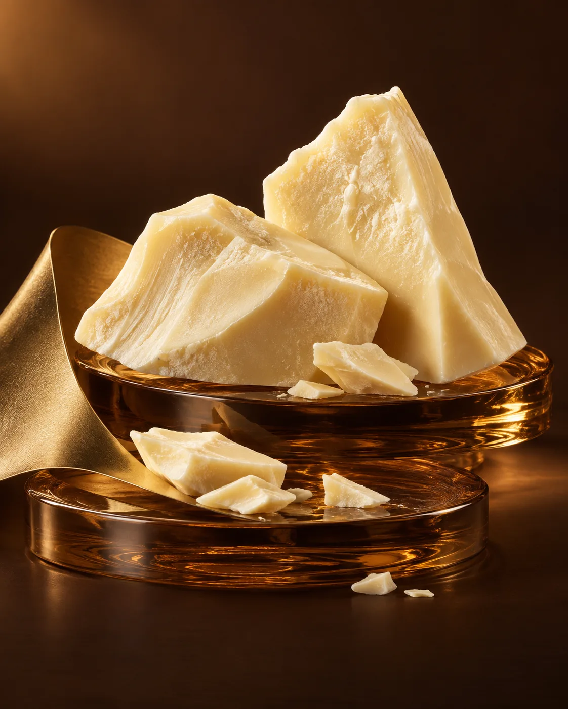 Cocoa butter in an amber glass dish