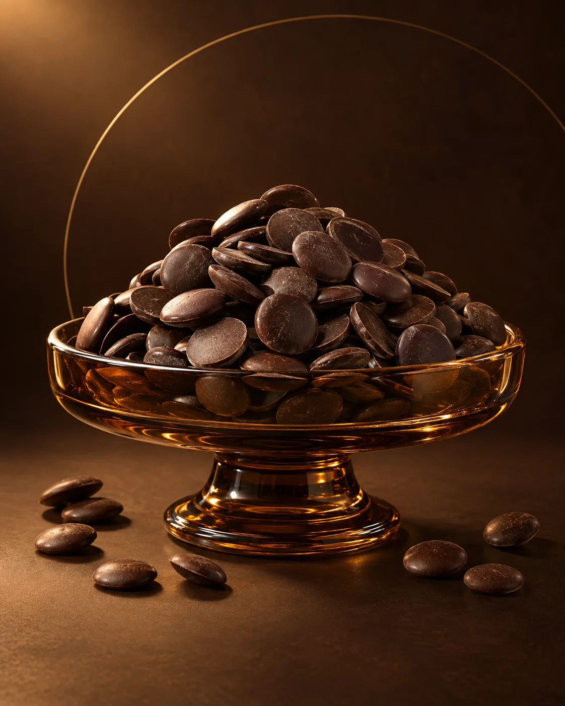 Chocolate callets in an amber glass dish