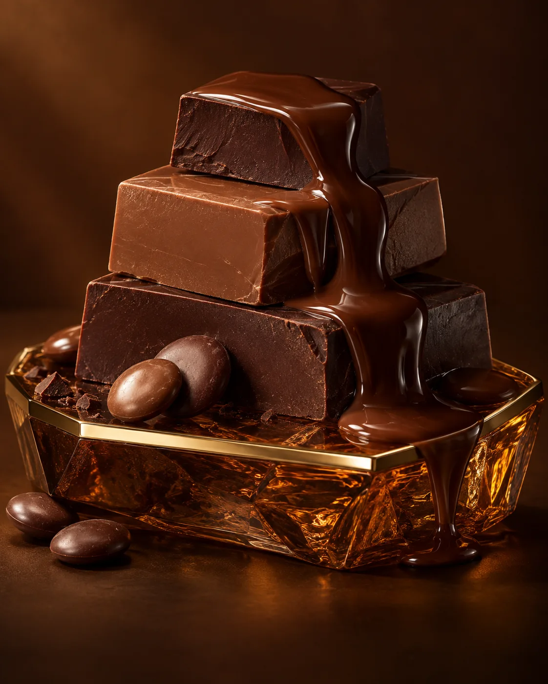 Chocolate blocks on amber glass