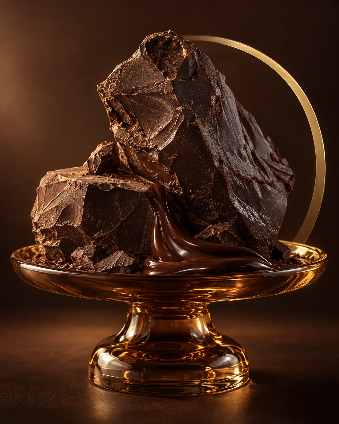 Cocoa mass in an amber glass dish